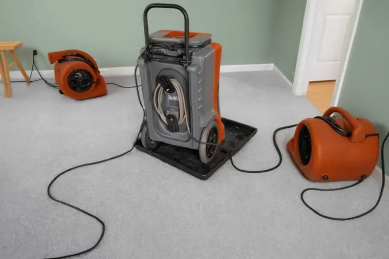 Dehumidifier and two air movers drying a carpeted Escondido bedroom