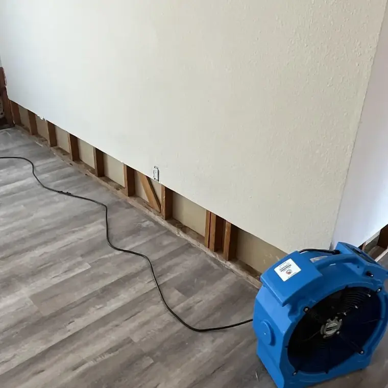 Flood cut drywall and an air mover drying a wall cavity in Escondido