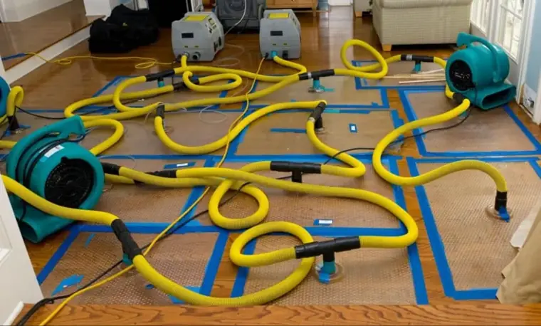 Floor drying mats and hoses pulling water out of hardwood in Escondido