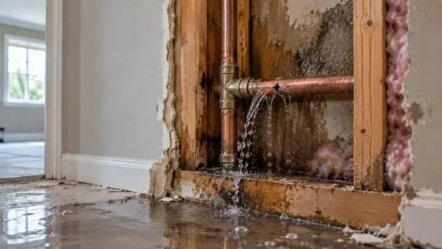 Water spraying from a copper pipe inside an opened wall in Escondido