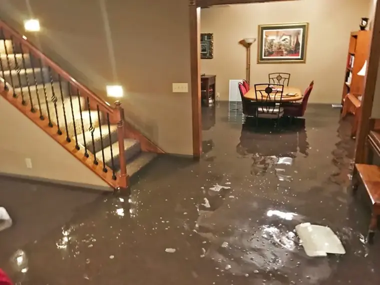 Storm water flooding a living room and stair landing in Escondido